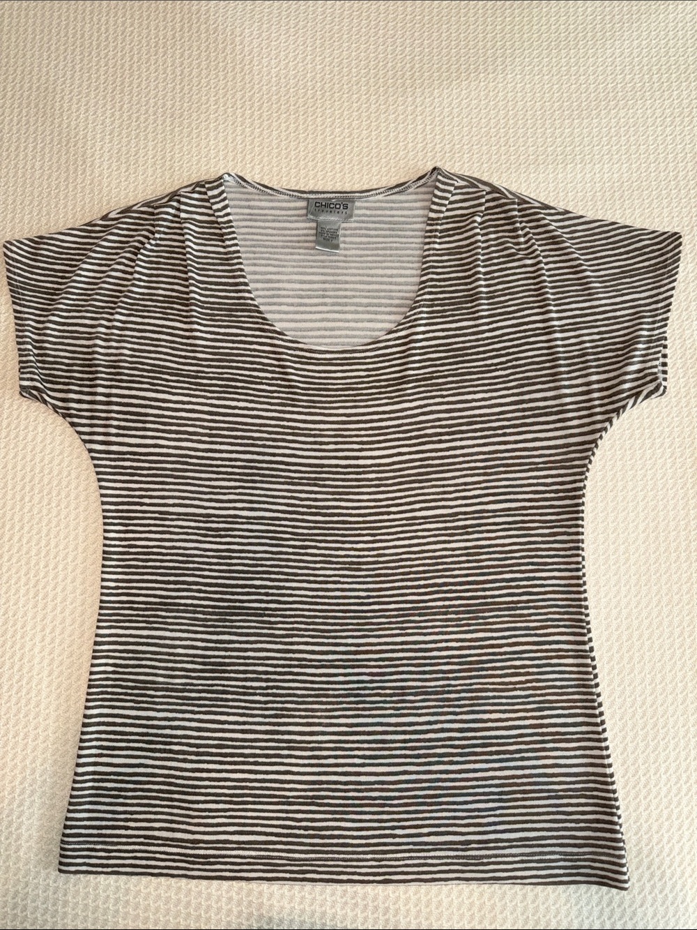 Chico's Brown and White Striped Scoop Neck Travelers Top